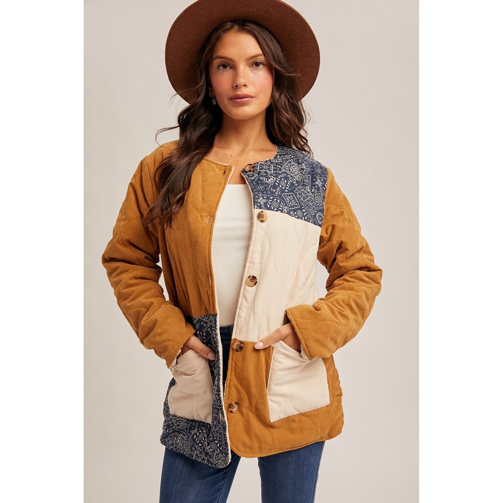 Hem & Thread Color Block Fleece Lined Quilted Jacket Medium Bandana Patchwork